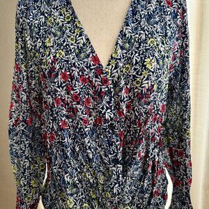 A.N.A. Button Front & Cuffs Faux Wrap Blouse - Navy Multi Floral - Size Large
